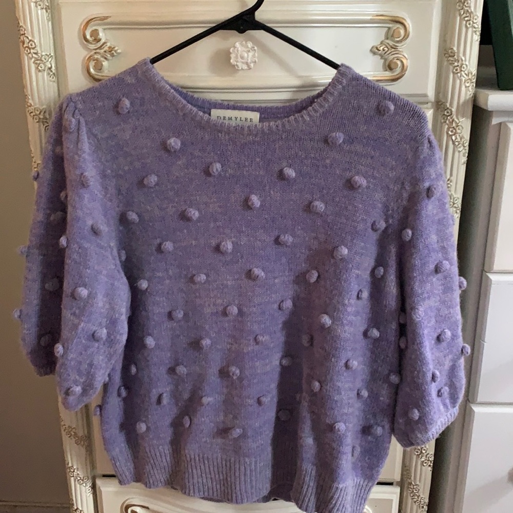 Demylee x J Crew short sleeve purple Pom Pom sweater